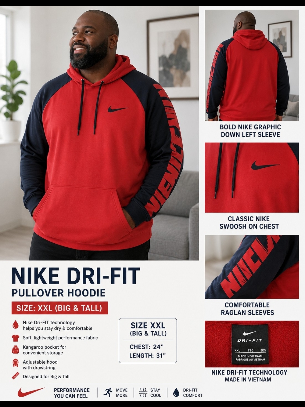Nike Dri-FIT Pullover Hoodie XXL Red Black Big Tall Sweatshirt